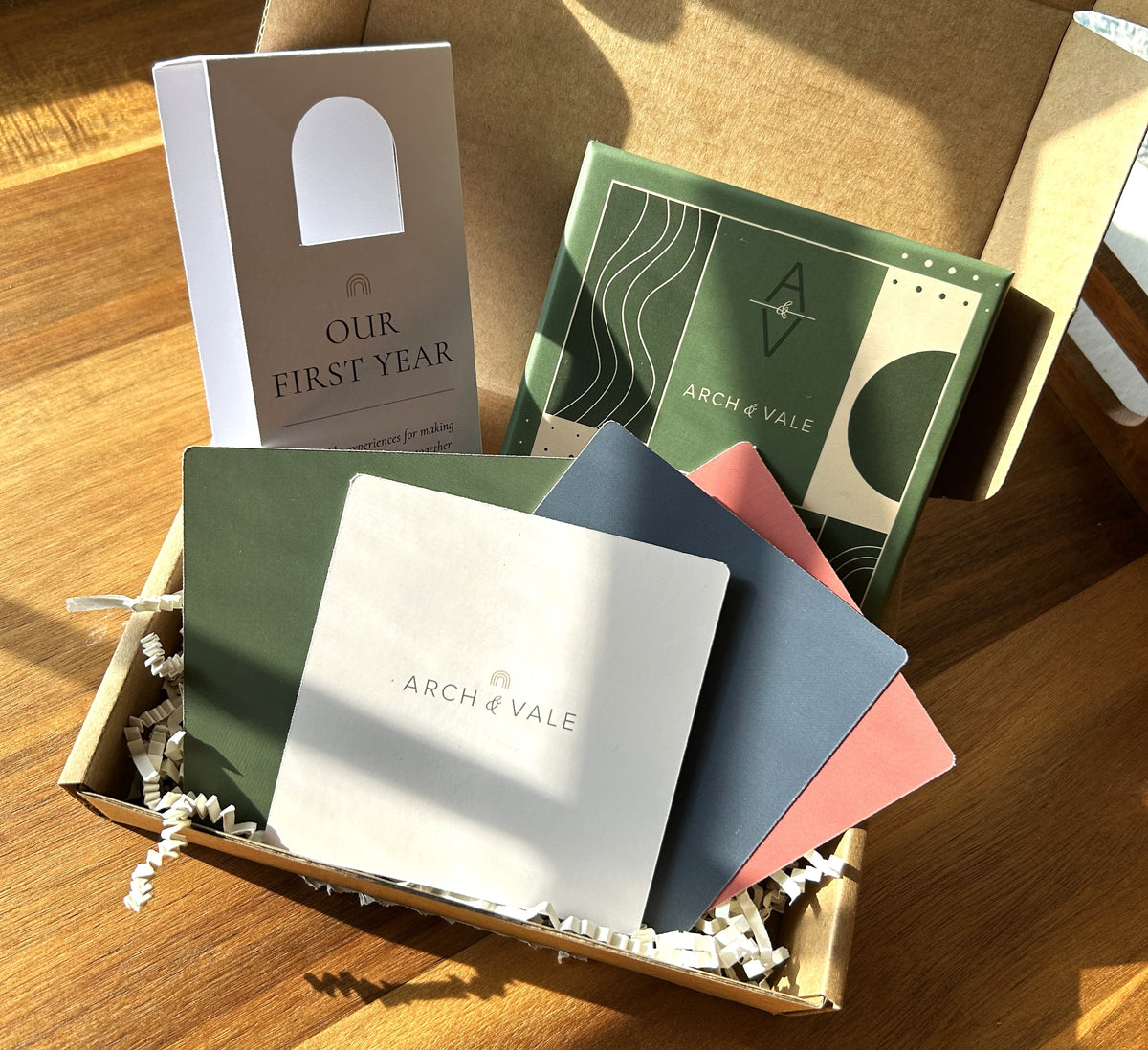 Our First Year newlywed card deck cards and box in carboard gift box.