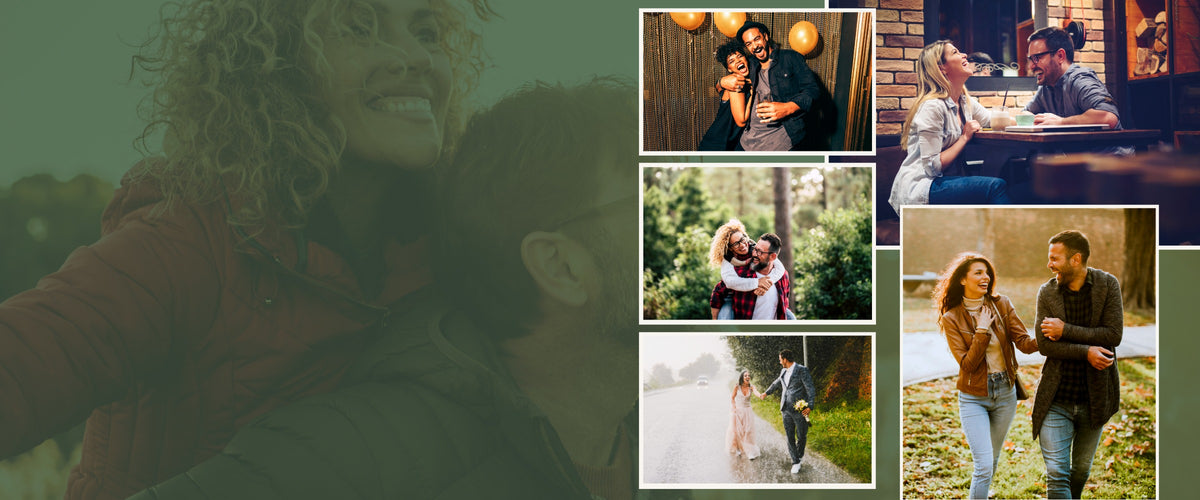 A collage of multiple lifestyle photographs showing couples and families in warm outdoor and indoor settings, overlaid with a dark green gradient on the left side.